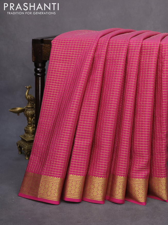 Pure mysore silk saree dark pink with allover zari checked pattern and zari woven border