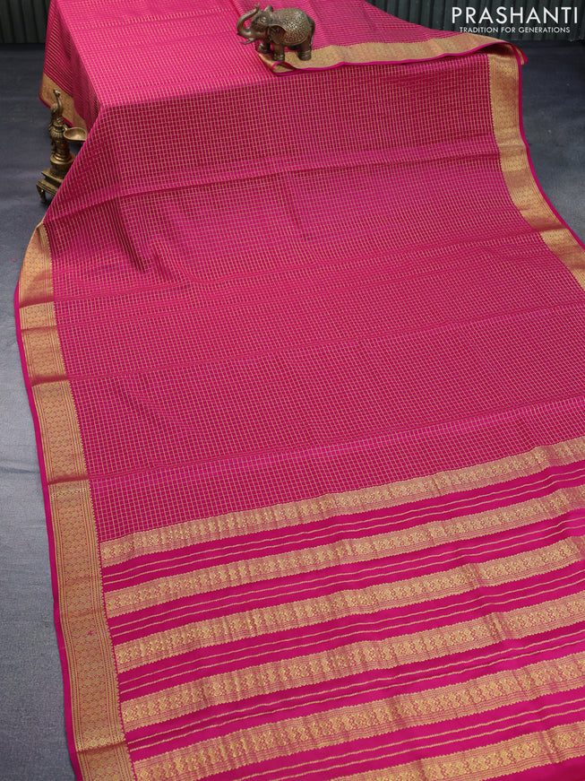 Pure mysore silk saree dark pink with allover zari checked pattern and zari woven border