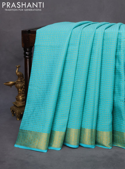 Pure mysore silk saree teal blue with allover zari checked pattern and zari woven border