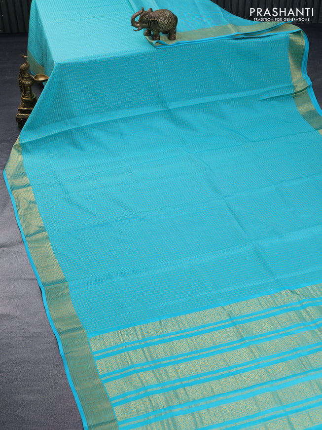 Pure mysore silk saree teal blue with allover zari checked pattern and zari woven border