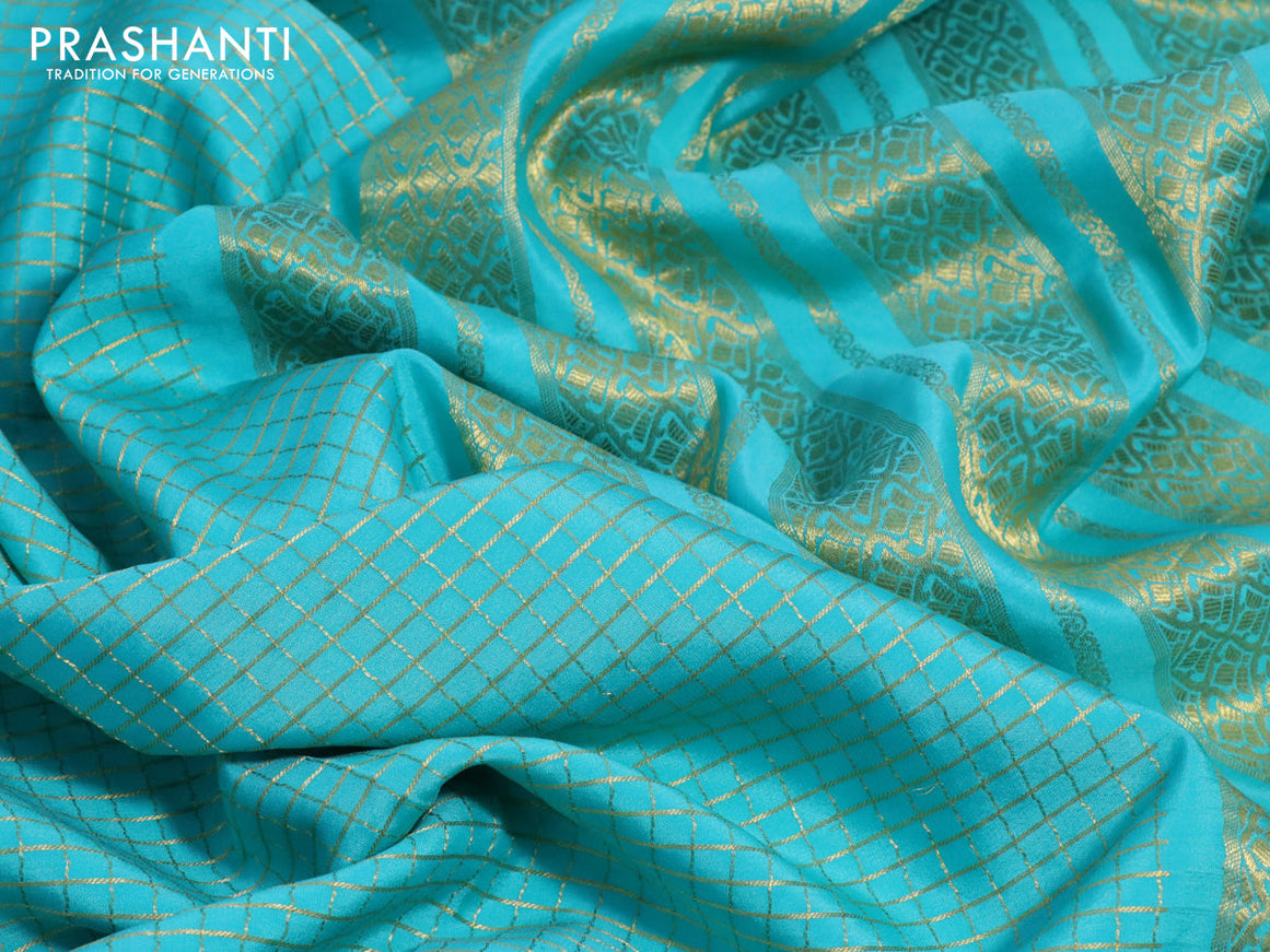 Pure mysore silk saree teal blue with allover zari checked pattern and zari woven border