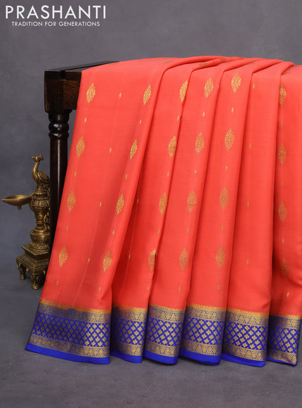 Pure mysore silk saree peach orange shade and blue with zari woven buttas and zari woven border