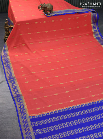 Pure mysore silk saree peach orange shade and blue with zari woven buttas and zari woven border