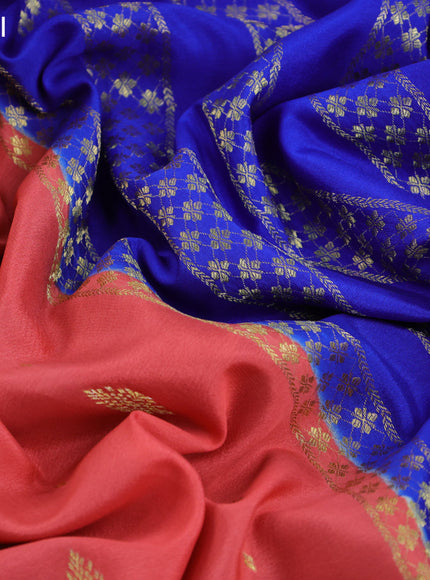 Pure mysore silk saree peach orange shade and blue with zari woven buttas and zari woven border