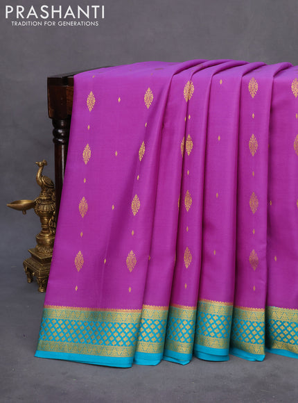 Pure mysore silk saree mild purple and teal blue with zari woven buttas and zari woven border