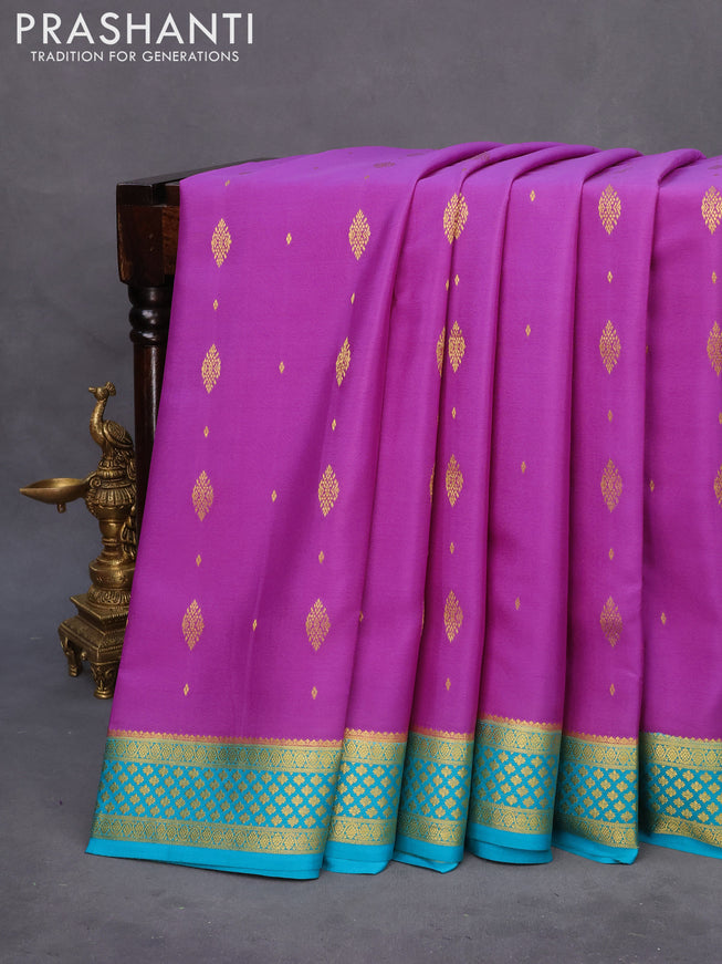 Pure mysore silk saree mild purple and teal blue with zari woven buttas and zari woven border