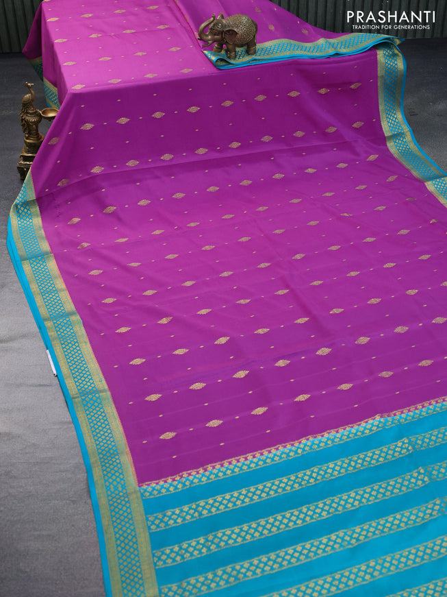 Pure mysore silk saree mild purple and teal blue with zari woven buttas and zari woven border