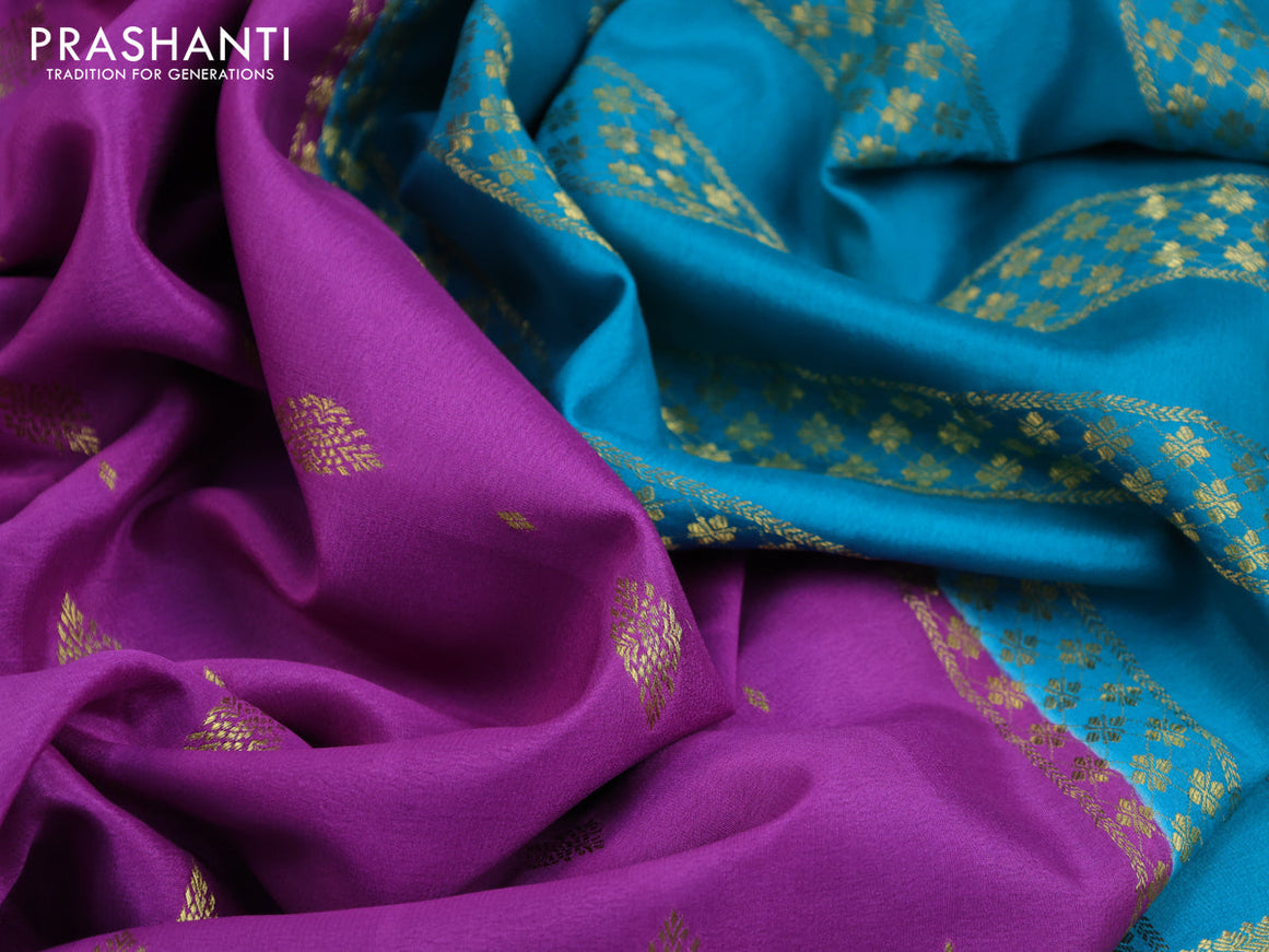 Pure mysore silk saree mild purple and teal blue with zari woven buttas and zari woven border