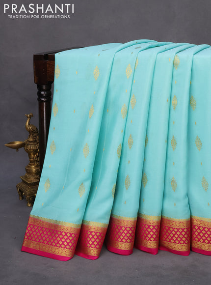 Pure mysore silk saree teal blue and pink with zari woven buttas and zari woven border