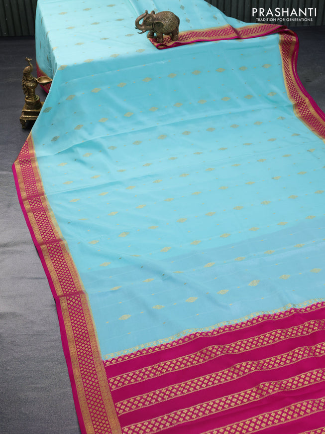 Pure mysore silk saree teal blue and pink with zari woven buttas and zari woven border