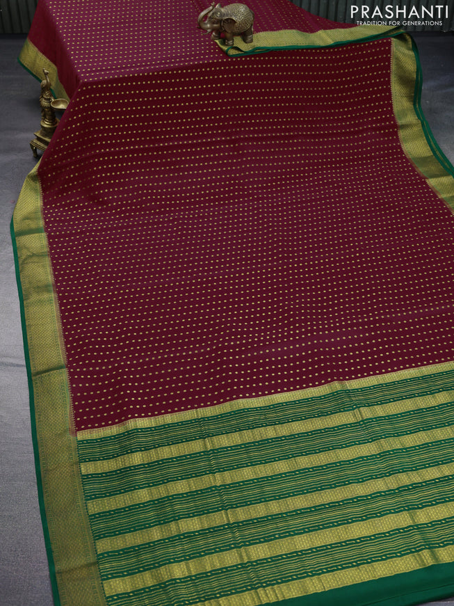 Pure mysore silk saree maroon and green with zari woven buttas and zari woven border