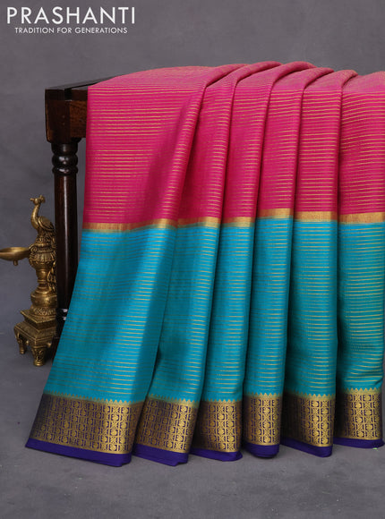 Pure mysore silk saree magenta pink and teal green dark blue with allover zari stripe pattern and zari woven border