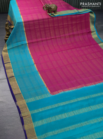 Pure mysore silk saree magenta pink and teal green dark blue with allover zari stripe pattern and zari woven border