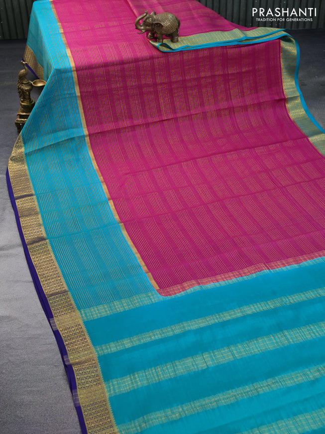 Pure mysore silk saree magenta pink and teal green dark blue with allover zari stripe pattern and zari woven border