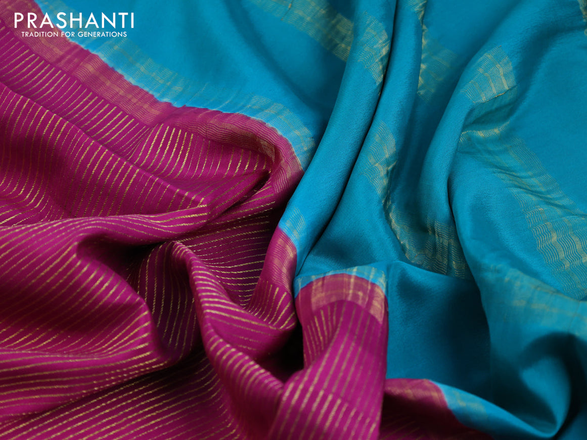 Pure mysore silk saree magenta pink and teal green dark blue with allover zari stripe pattern and zari woven border