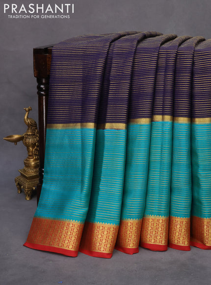 Pure mysore silk saree navy blue and teal green maroon with allover zari stripe pattern and zari woven border