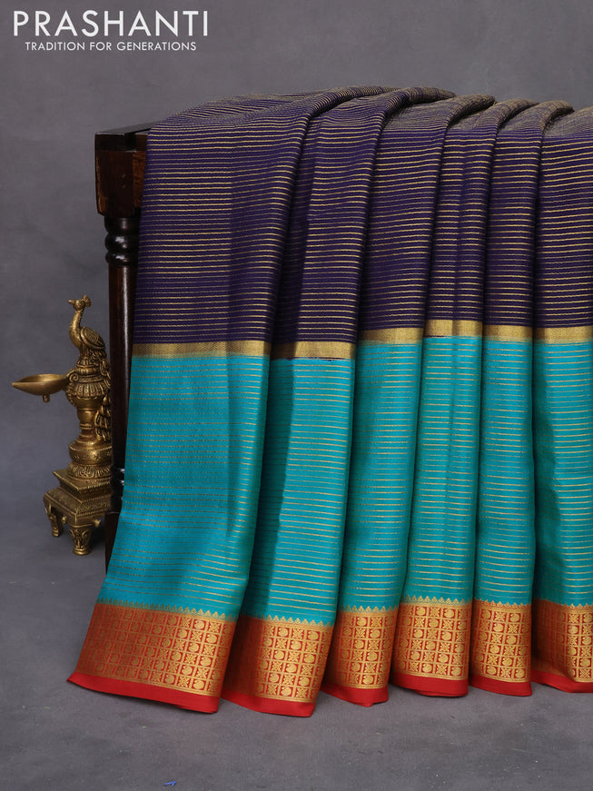 Pure mysore silk saree navy blue and teal green maroon with allover zari stripe pattern and zari woven border