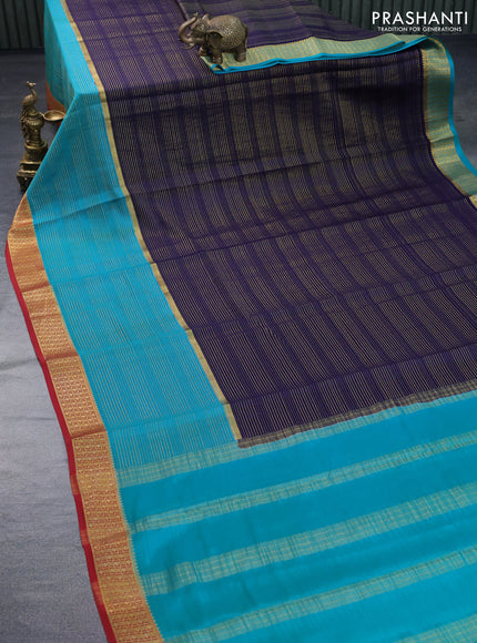 Pure mysore silk saree navy blue and teal green maroon with allover zari stripe pattern and zari woven border