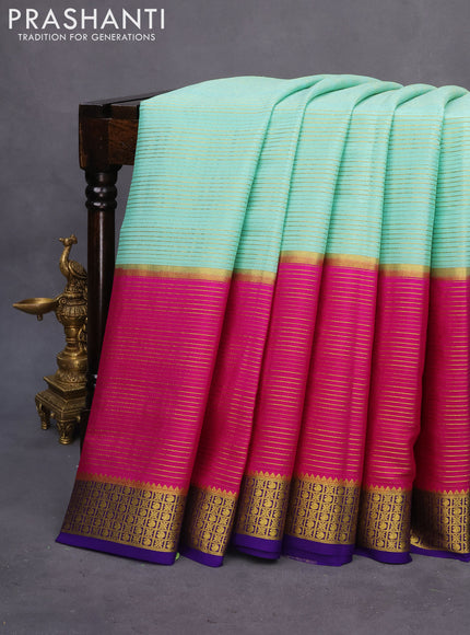 Pure mysore silk saree teal blue shade and pink violet with allover zari stripe pattern and zari woven border