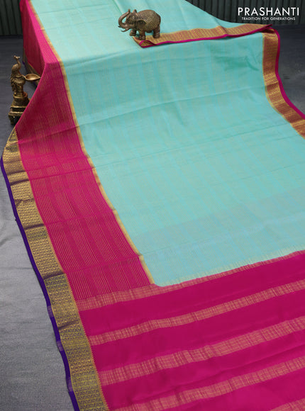 Pure mysore silk saree teal blue shade and pink violet with allover zari stripe pattern and zari woven border