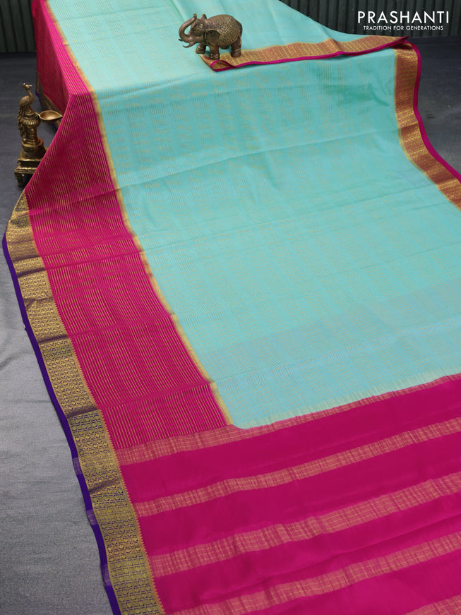 Pure mysore silk saree teal blue shade and pink violet with allover zari stripe pattern and zari woven border