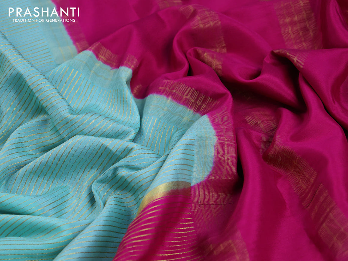 Pure mysore silk saree teal blue shade and pink violet with allover zari stripe pattern and zari woven border