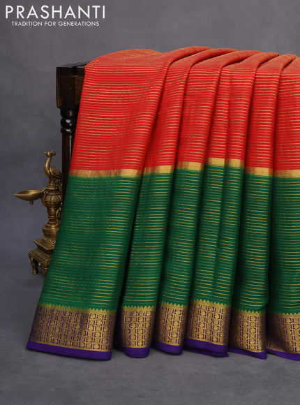 Pure mysore silk saree maroon and green blue with allover zari stripe pattern and zari woven border