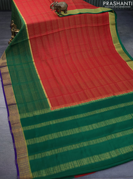 Pure mysore silk saree maroon and green blue with allover zari stripe pattern and zari woven border