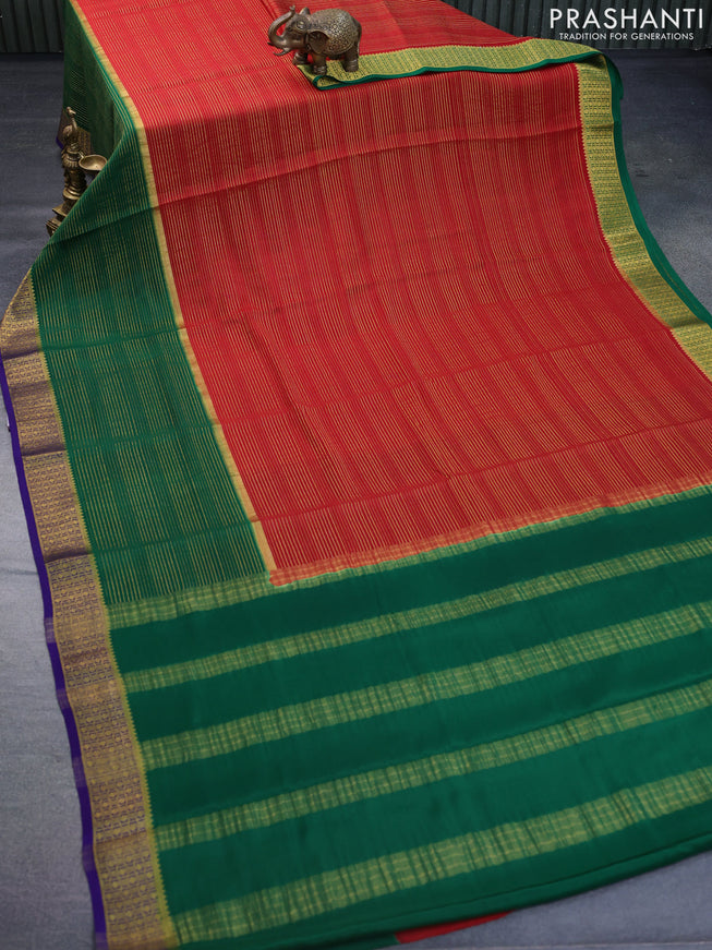 Pure mysore silk saree maroon and green blue with allover zari stripe pattern and zari woven border