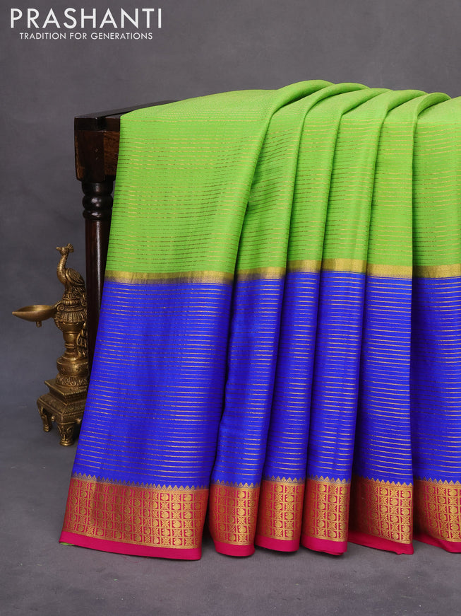 Pure mysore silk saree light green and royal blue pink with allover zari stripe pattern and zari woven border