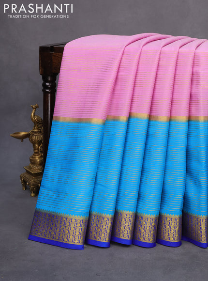 Pure mysore silk saree lavender shade and blue royal blue with allover zari stripe pattern and zari woven border