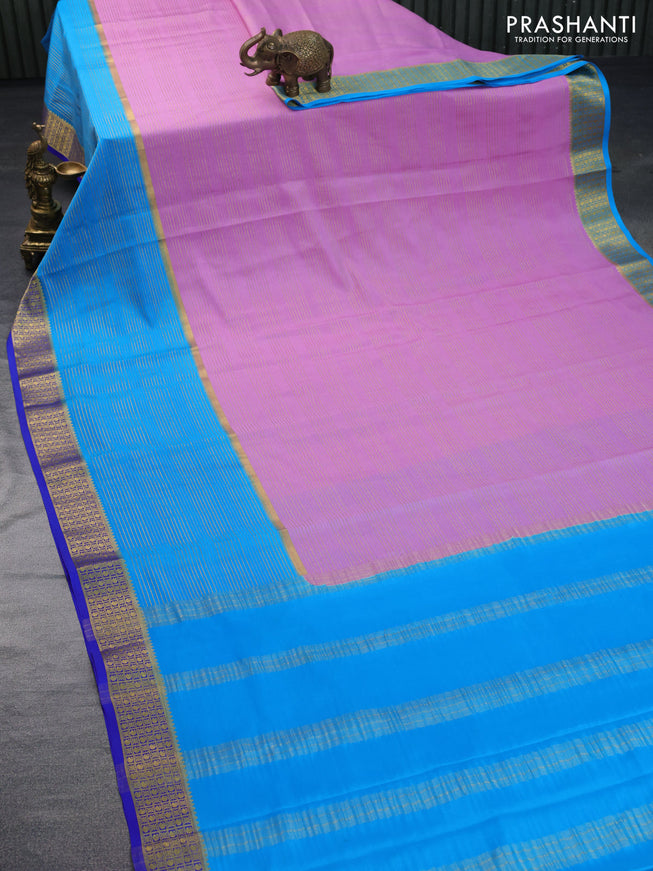 Pure mysore silk saree lavender shade and blue royal blue with allover zari stripe pattern and zari woven border