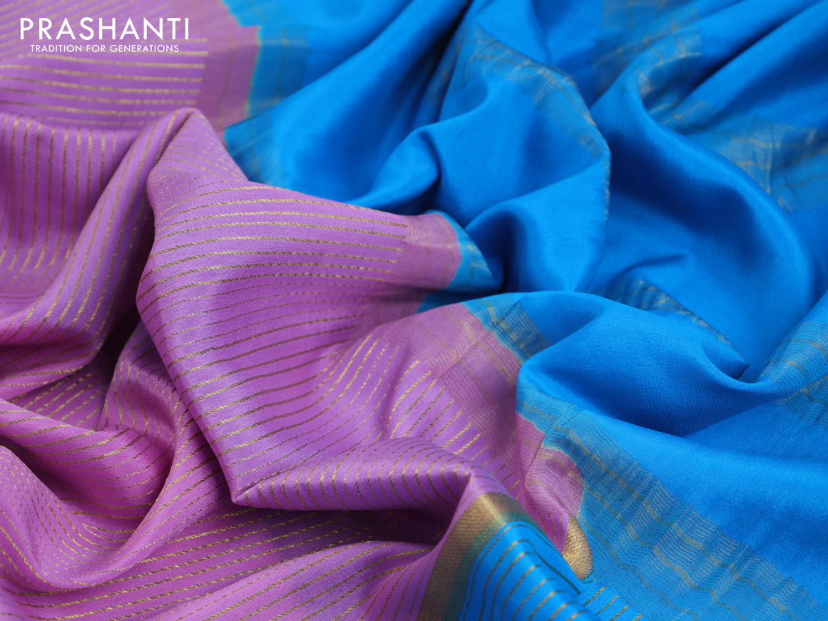 Pure mysore silk saree lavender shade and blue royal blue with allover zari stripe pattern and zari woven border