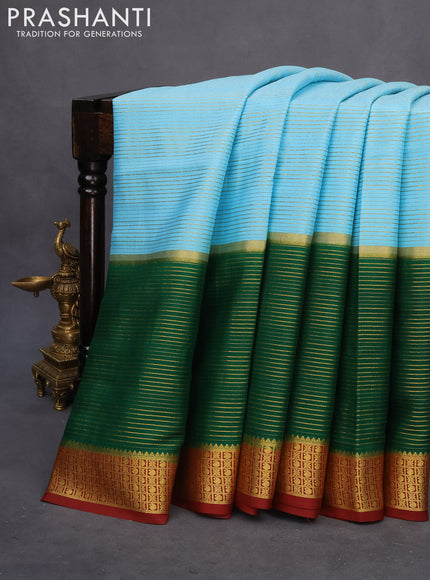 Pure mysore silk saree light blue and dark green maroon with allover zari stripe pattern and zari woven border