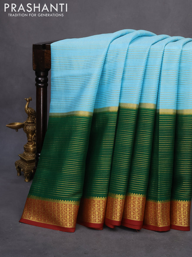 Pure mysore silk saree light blue and dark green maroon with allover zari stripe pattern and zari woven border