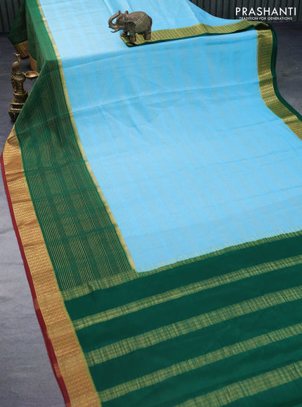 Pure mysore silk saree light blue and dark green maroon with allover zari stripe pattern and zari woven border