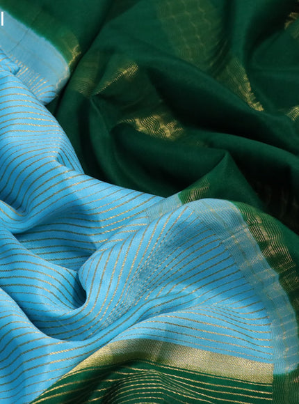 Pure mysore silk saree light blue and dark green maroon with allover zari stripe pattern and zari woven border