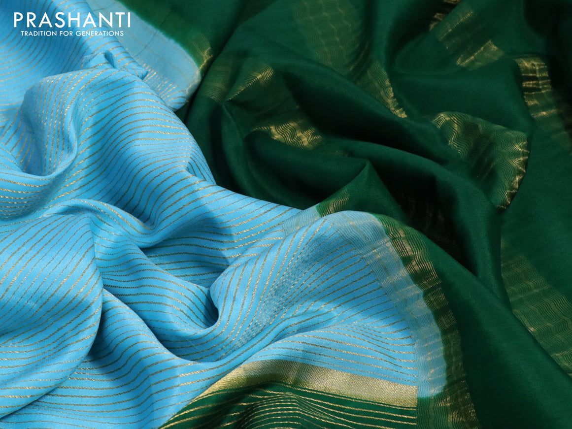 Pure mysore silk saree light blue and dark green maroon with allover zari stripe pattern and zari woven border