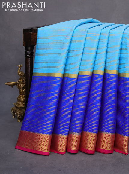 Pure mysore silk saree light blue and blue pink with allover zari stripe pattern and zari woven border