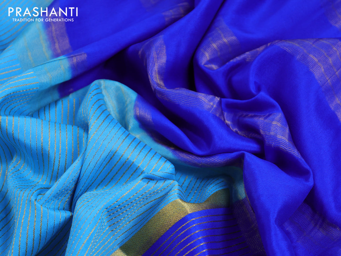 Pure mysore silk saree light blue and blue pink with allover zari stripe pattern and zari woven border