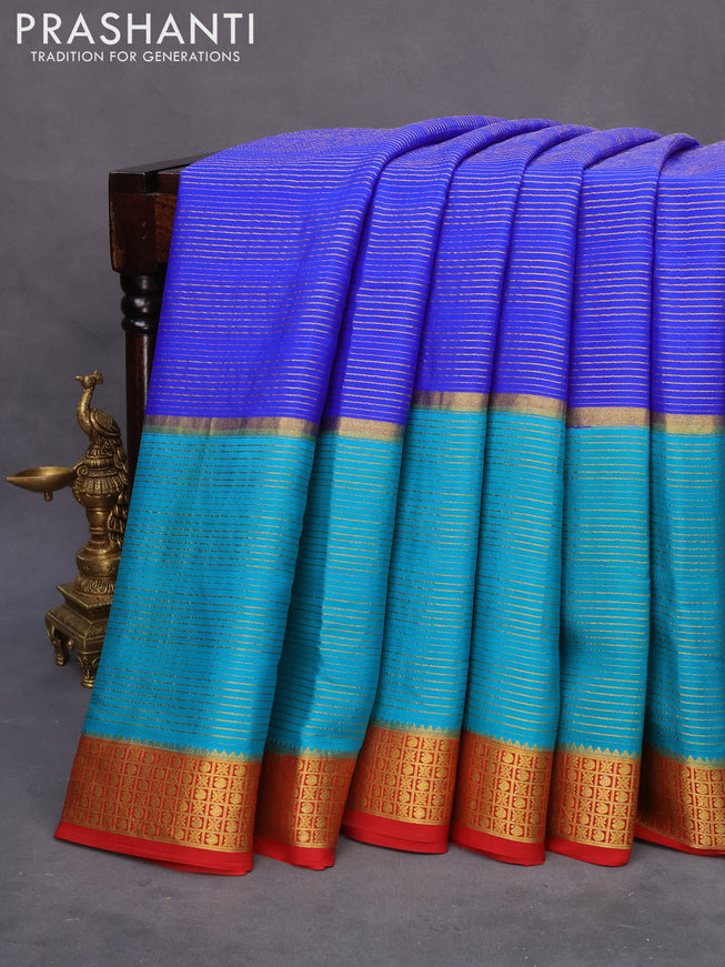 Pure mysore silk saree royal blue and teal blue maroon with allover zari stripe pattern and zari woven border