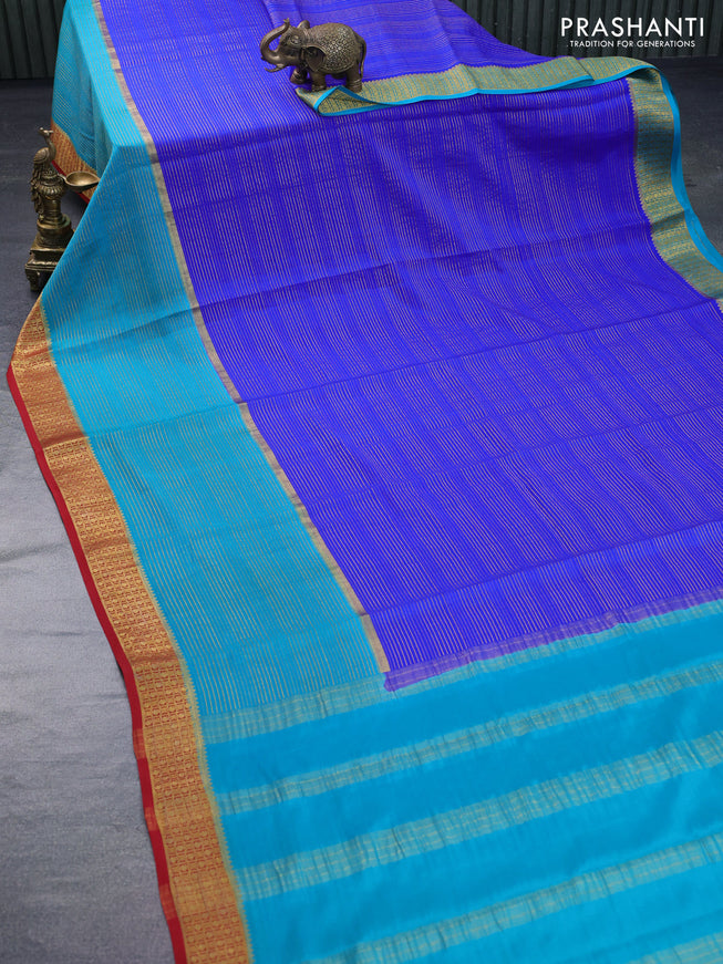 Pure mysore silk saree royal blue and teal blue maroon with allover zari stripe pattern and zari woven border