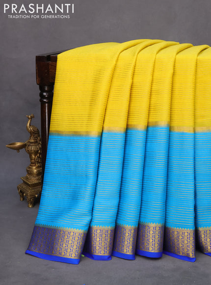 Pure mysore silk saree lime yellow and blue royal blue with allover zari stripe pattern and zari woven border