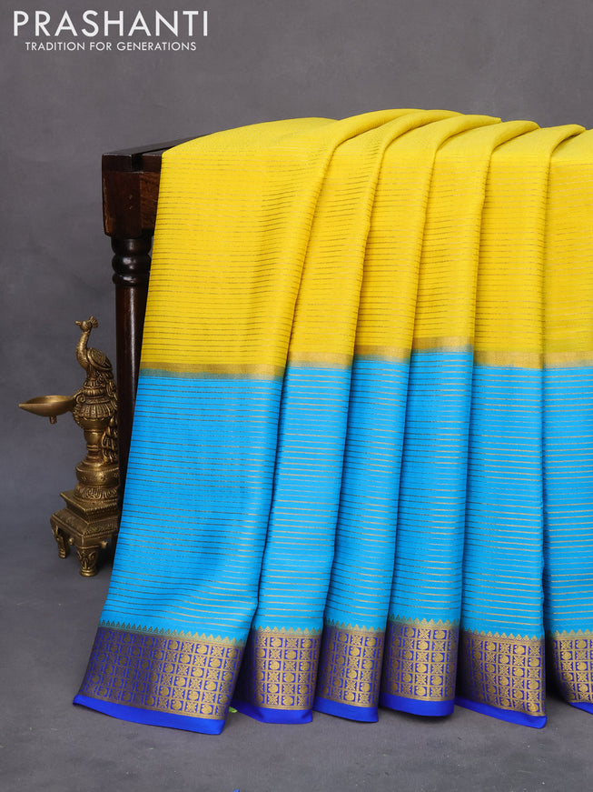 Pure mysore silk saree lime yellow and blue royal blue with allover zari stripe pattern and zari woven border