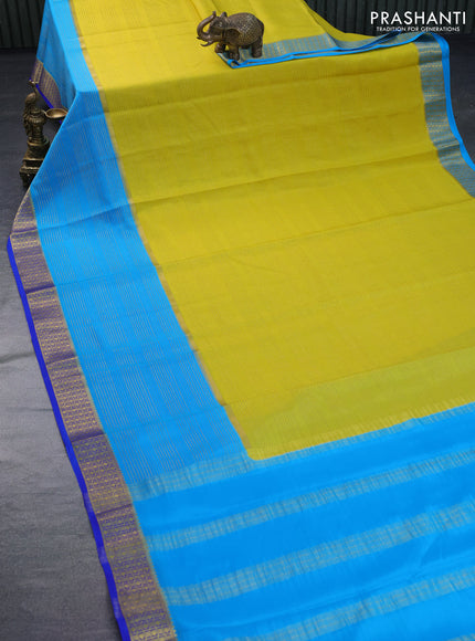 Pure mysore silk saree lime yellow and blue royal blue with allover zari stripe pattern and zari woven border