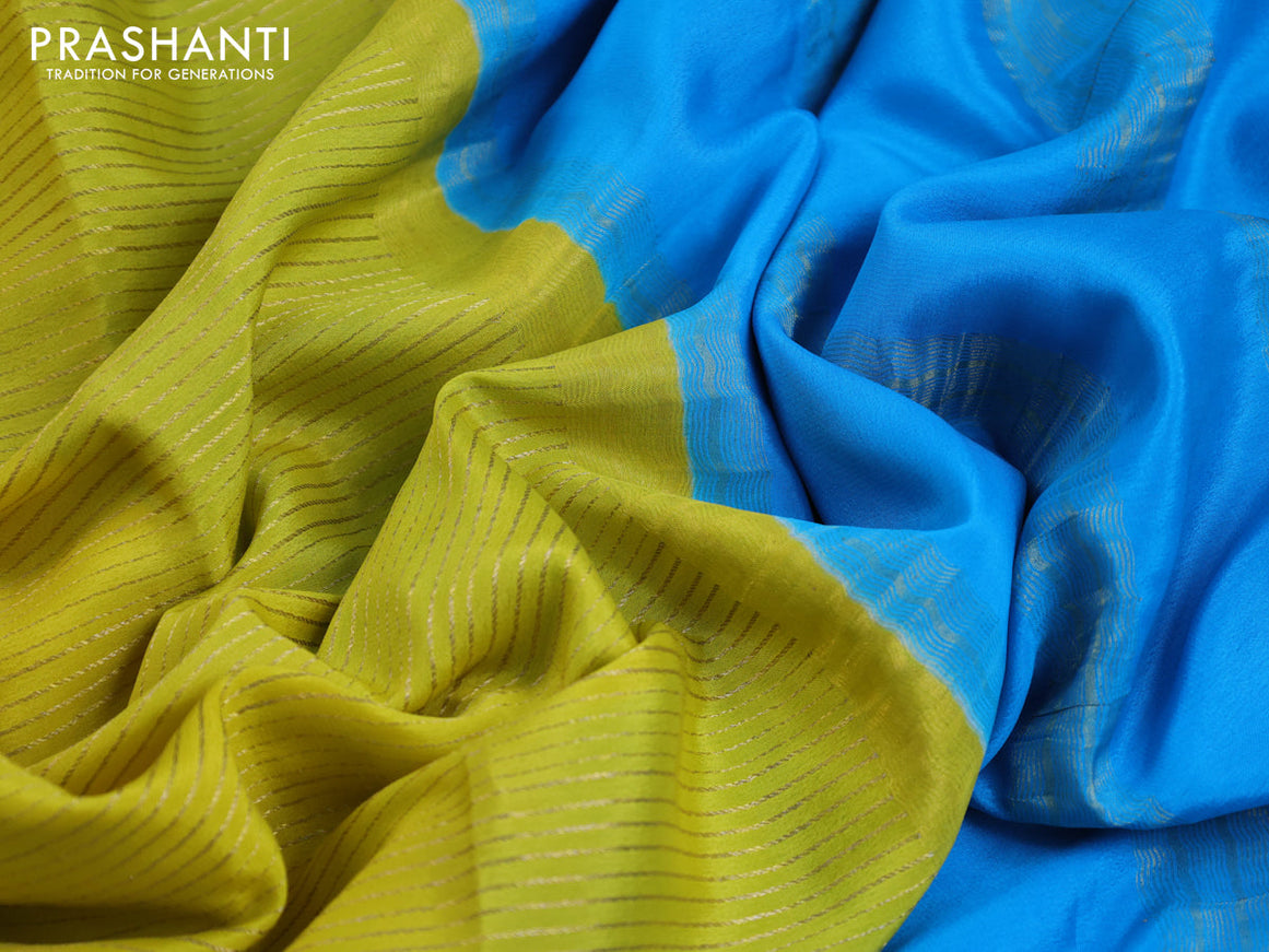 Pure mysore silk saree lime yellow and blue royal blue with allover zari stripe pattern and zari woven border