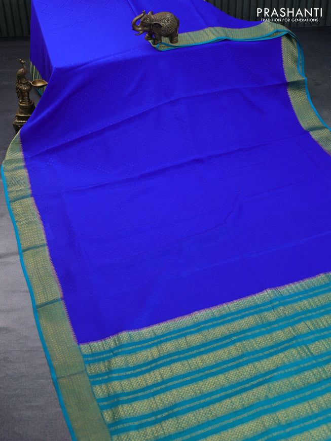 Pure mysore silk saree royal blue and teal blue with allover self emboss and zari woven border