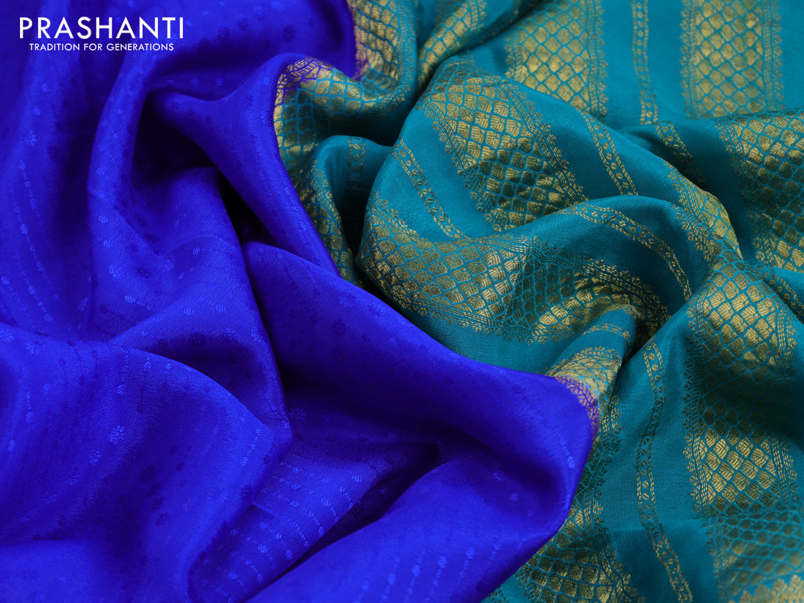 Pure mysore silk saree royal blue and teal blue with allover self emboss and zari woven border