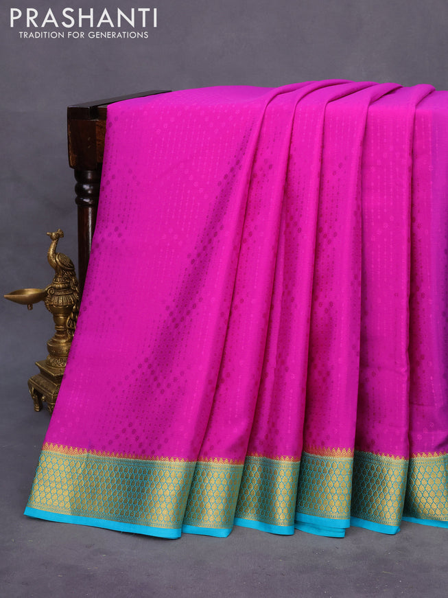 Pure mysore silk saree magenta pink and teal blue with allover self emboss and zari woven border