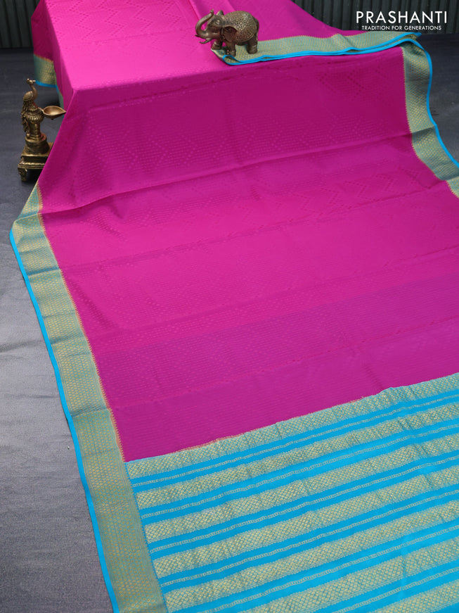 Pure mysore silk saree magenta pink and teal blue with allover self emboss and zari woven border